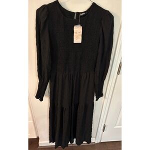 Fashion Womens Black Smocked Tiered Midi Dress Long Puff Sleeve Large NWT